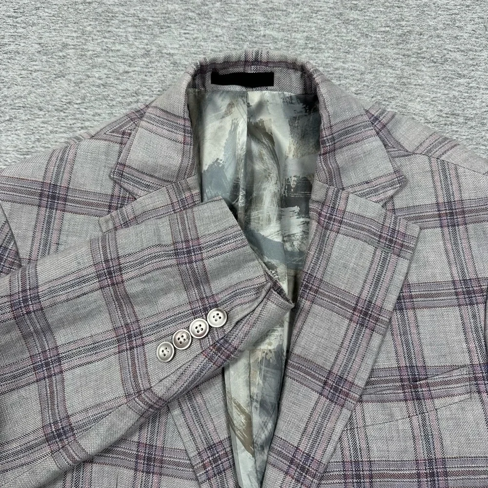 Tallia Blazer Mens Size 38S Purple Plaid 100% Linen Two Button City Jacket